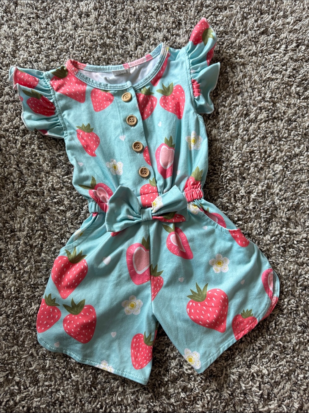 Aqua Strawberry Print Girls Romper with Bow Waist